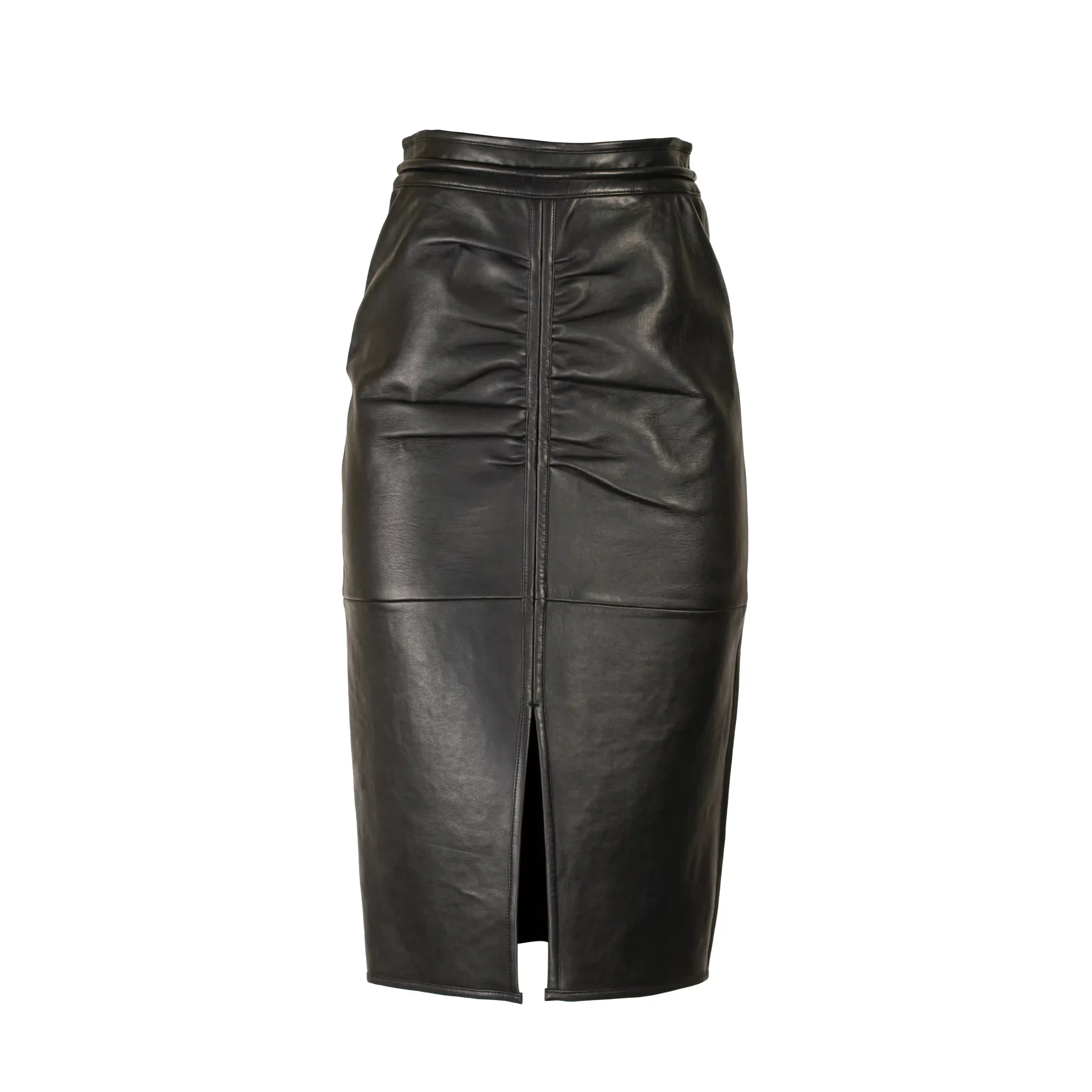 LONG LEATHER SKIRT WITH GATHERED ON FRONT